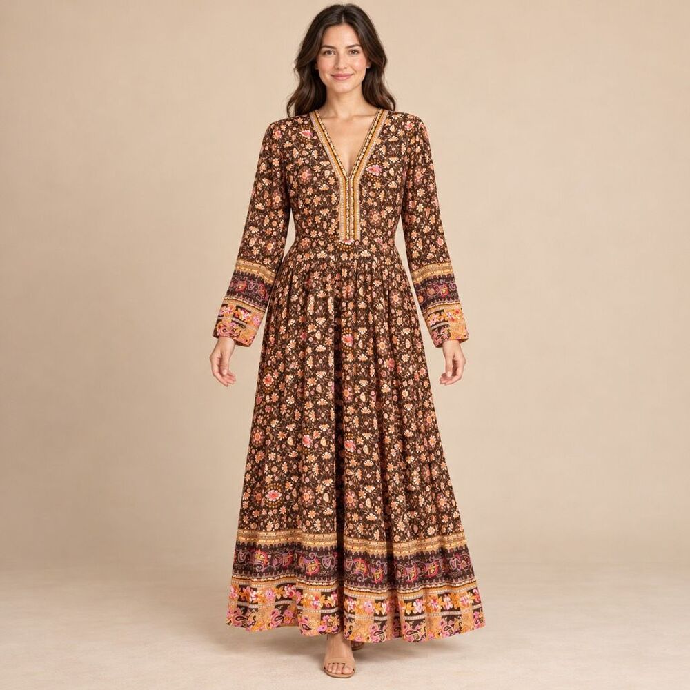 The Pyramid Collection Women's Floral V-neck Boho Maxi Dress Brown M NEW